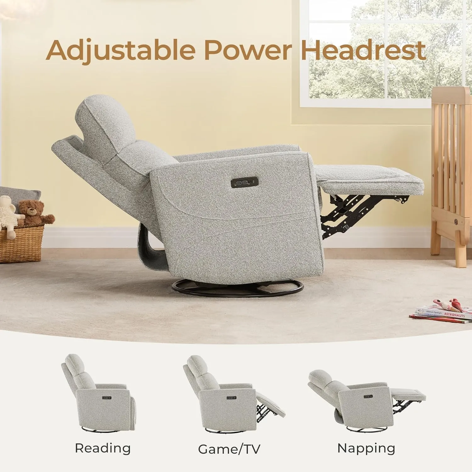 CHITA Electronic Power Recliner Chair Swivel Glider, FSC Certified Modern Nursery Rocking Chair with USB and Type-C Ports, Light Grey