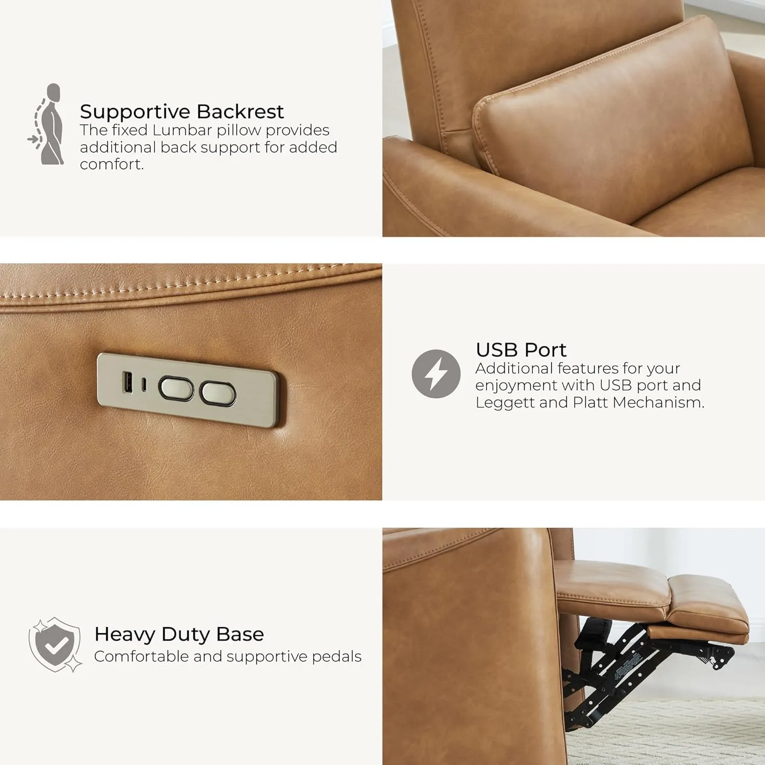 CHITA Power Recliner Chair Swivel Glider, FSC Certified Upholstered Faux Leather Living Room Nursery Reclining Sofa Chair with Lumbar Support, Cognac Brown