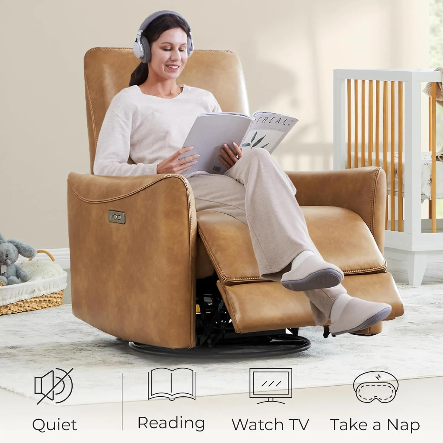 CHITA Power Recliner Chair Swivel Glider, FSC Certified Upholstered Faux Leather Living Room Nursery Reclining Sofa Chair with Lumbar Support, Cognac Brown