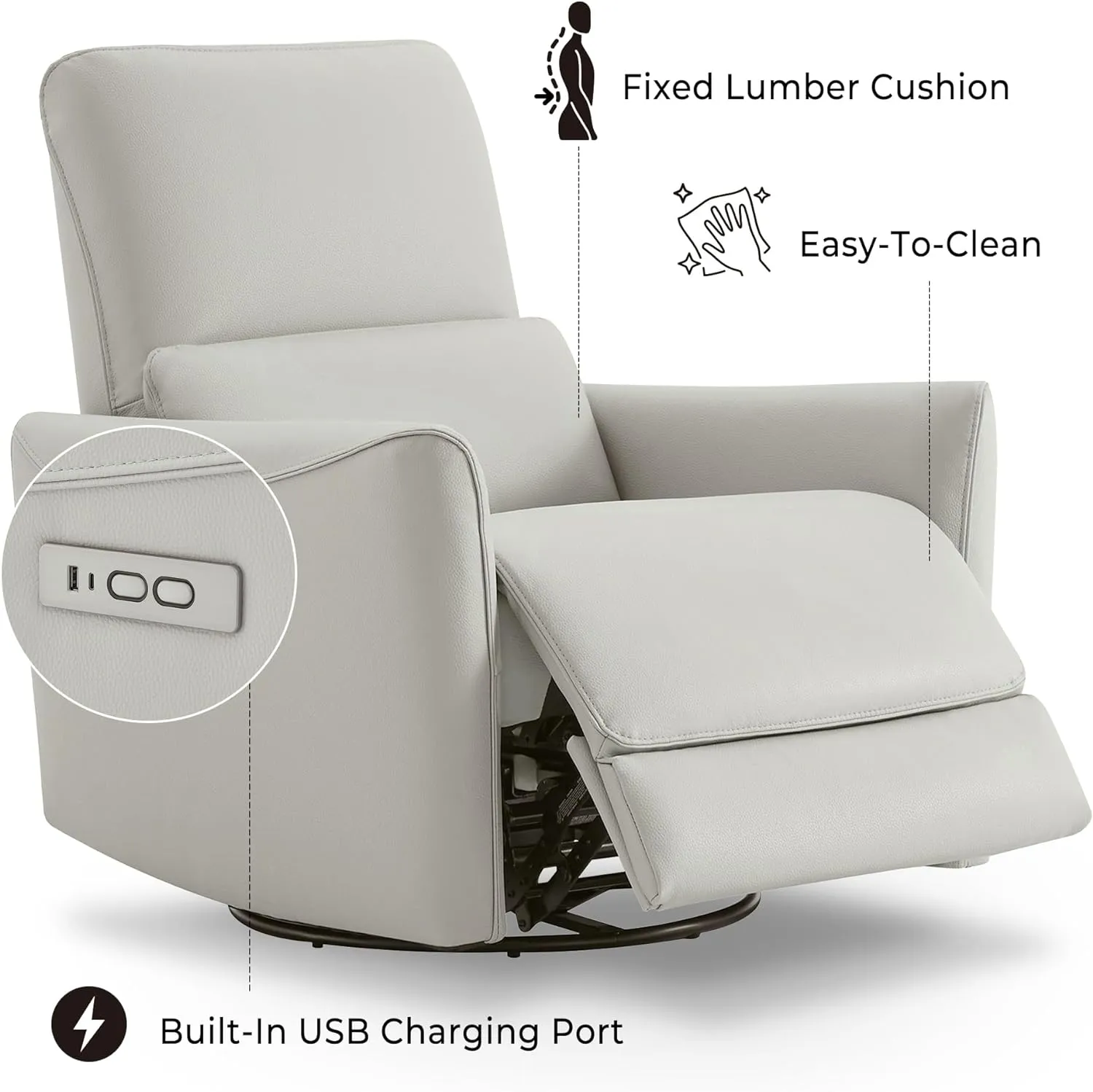CHITA Power Recliner Chair Swivel Glider, FSC Certified Upholstered Faux Leather Living Room Nursery Reclining Sofa Chair with Lumbar Support, Cream