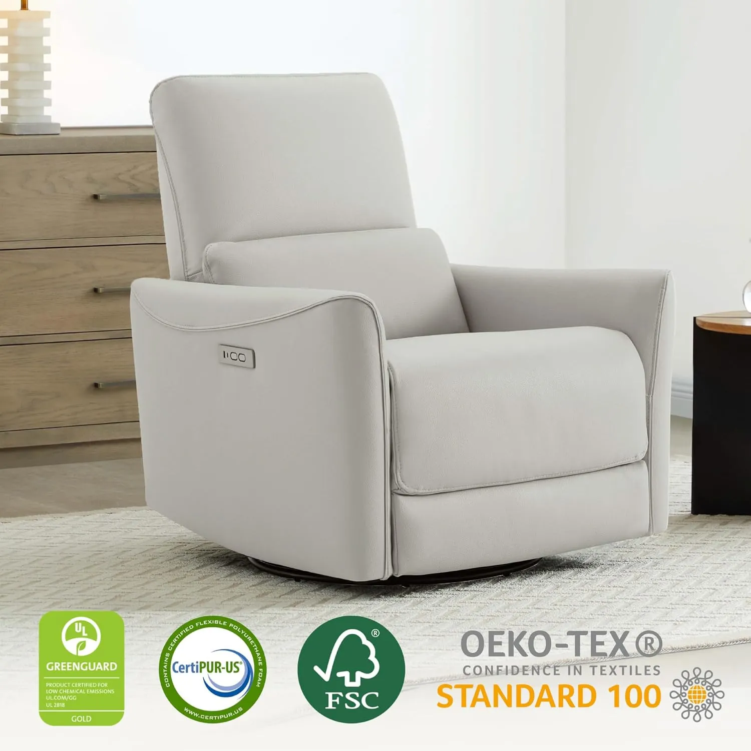 CHITA Power Recliner Chair Swivel Glider, FSC Certified Upholstered Faux Leather Living Room Nursery Reclining Sofa Chair with Lumbar Support, Cream
