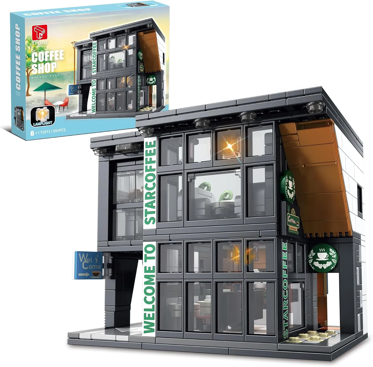 City Coffee Shop Building Block Set,Coffee House Architecture Toy with Lights, Creative Cafe House Compatible Bricks Kits,Christmas Birthday Gift for Adults and Kids 8-12(581PCS)