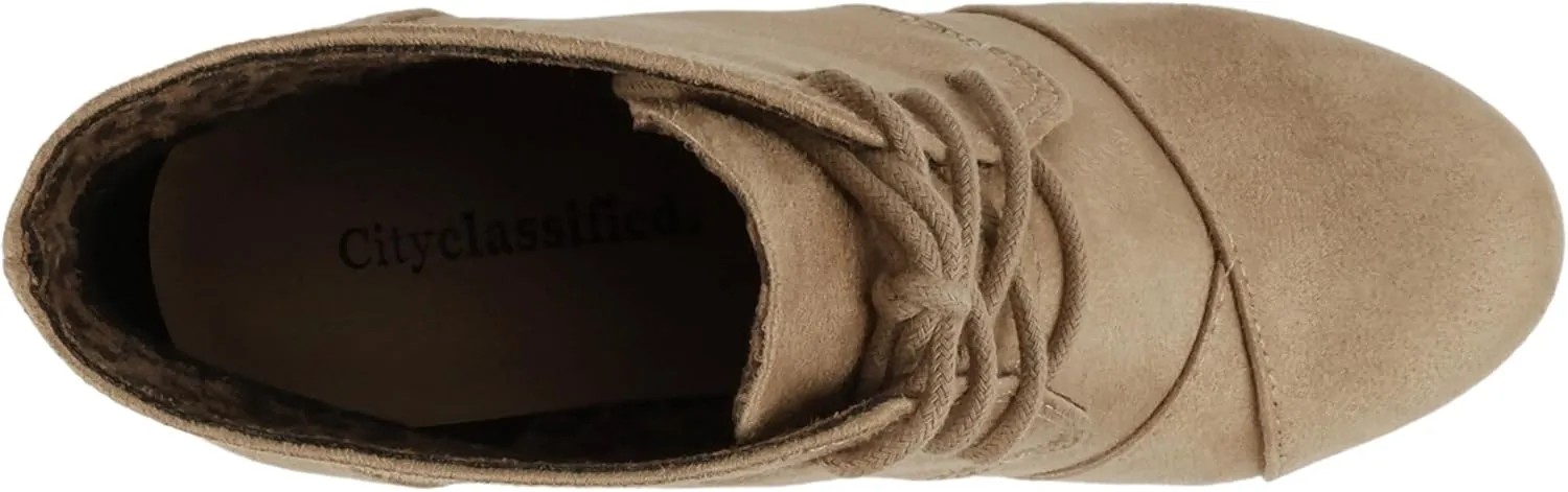 CITYCLASSIFIED “REX” ~ Women Lace Up Rounded Toe Low Wedge Ankle Bootie