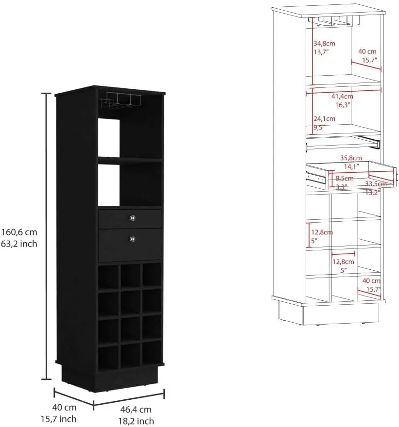 Classic Bar Cabinet with 12 Built-in Wine Racks & 2 Drawers, Timeless Home Storage (Black   Particle Board   Particle Board)