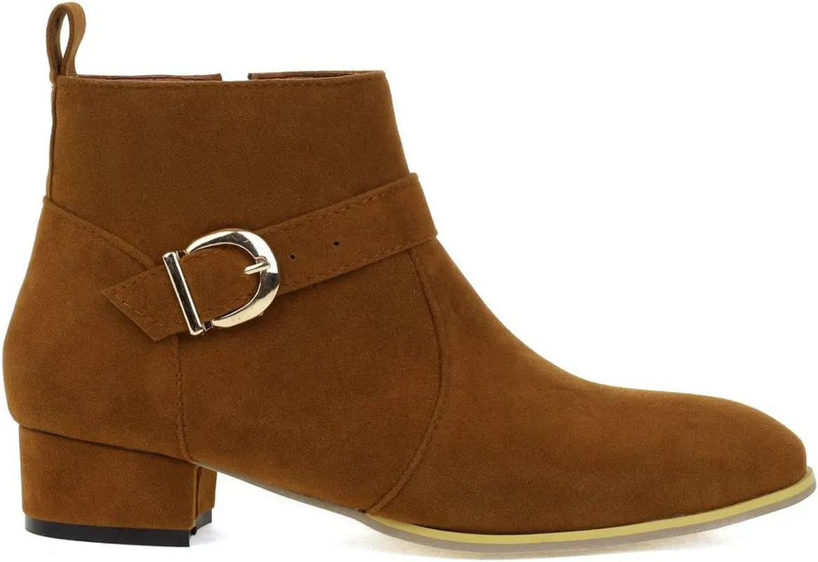 ClassicSter Womens Faux Suede Booties Round Toe Chunky Low Heel Zip Up Ankle Boots with Buckle