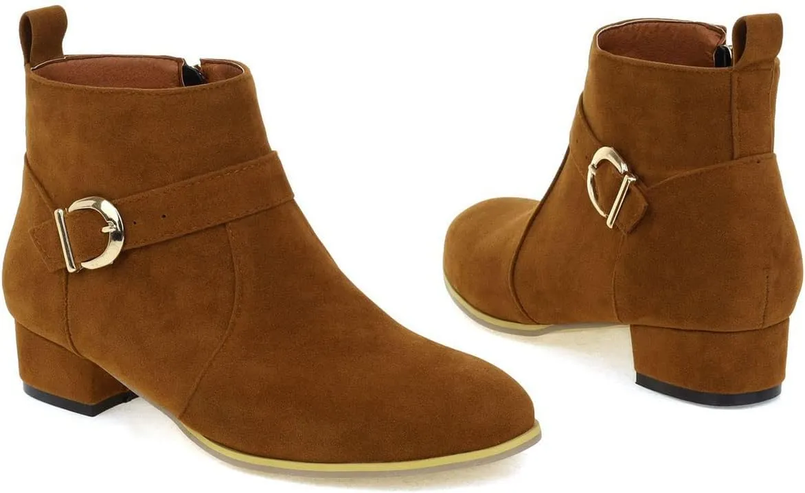 ClassicSter Womens Faux Suede Booties Round Toe Chunky Low Heel Zip Up Ankle Boots with Buckle