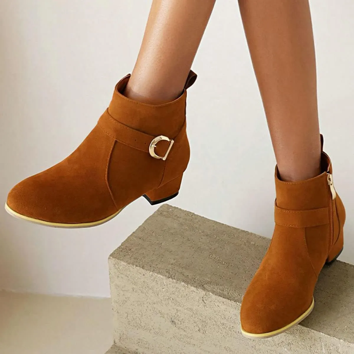 ClassicSter Womens Faux Suede Booties Round Toe Chunky Low Heel Zip Up Ankle Boots with Buckle