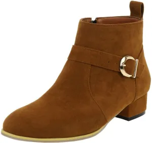 ClassicSter Womens Faux Suede Booties Round Toe Chunky Low Heel Zip Up Ankle Boots with Buckle