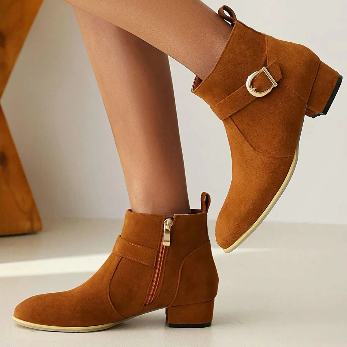 ClassicSter Womens Faux Suede Booties Round Toe Chunky Low Heel Zip Up Ankle Boots with Buckle