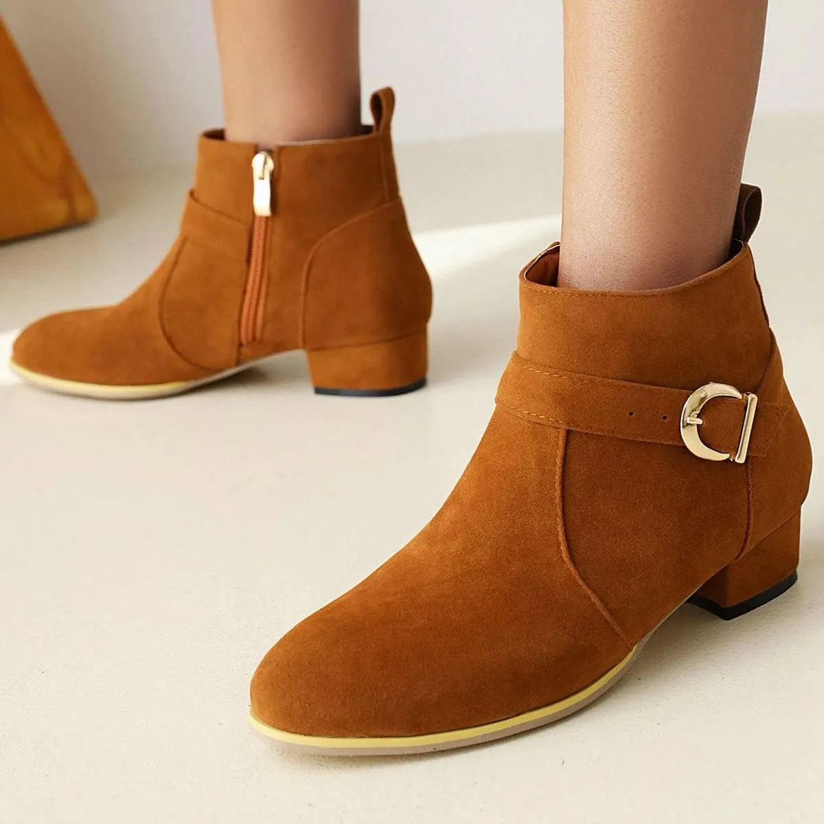 ClassicSter Womens Faux Suede Booties Round Toe Chunky Low Heel Zip Up Ankle Boots with Buckle