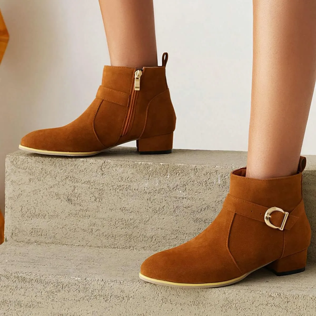 ClassicSter Womens Faux Suede Booties Round Toe Chunky Low Heel Zip Up Ankle Boots with Buckle