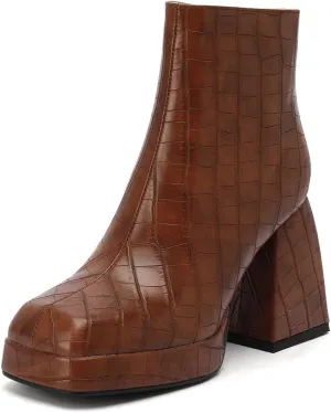 ClassicSter Womens Square Toe Chunky High Heel Ankle Boots Platform Side Zip up Booties