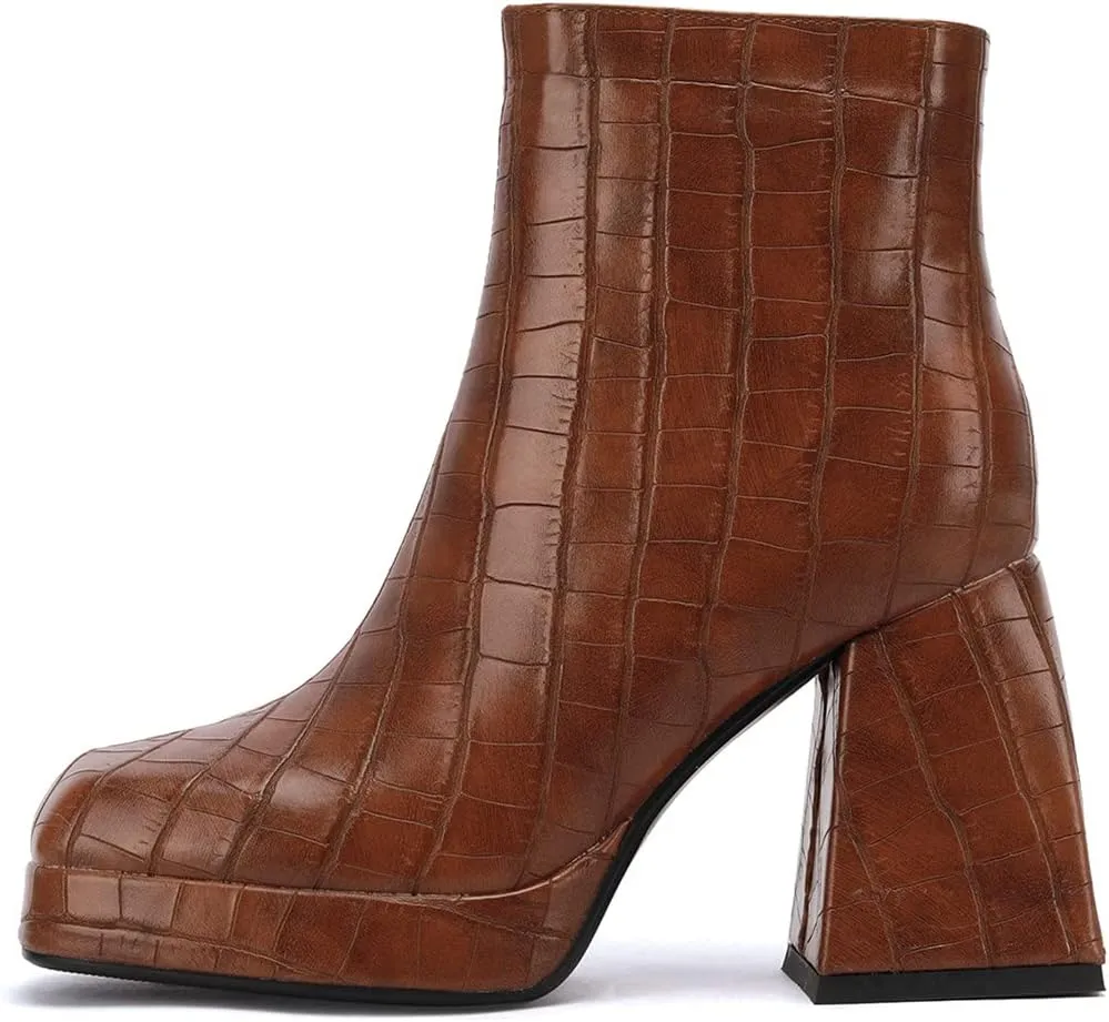 ClassicSter Womens Square Toe Chunky High Heel Ankle Boots Platform Side Zip up Booties