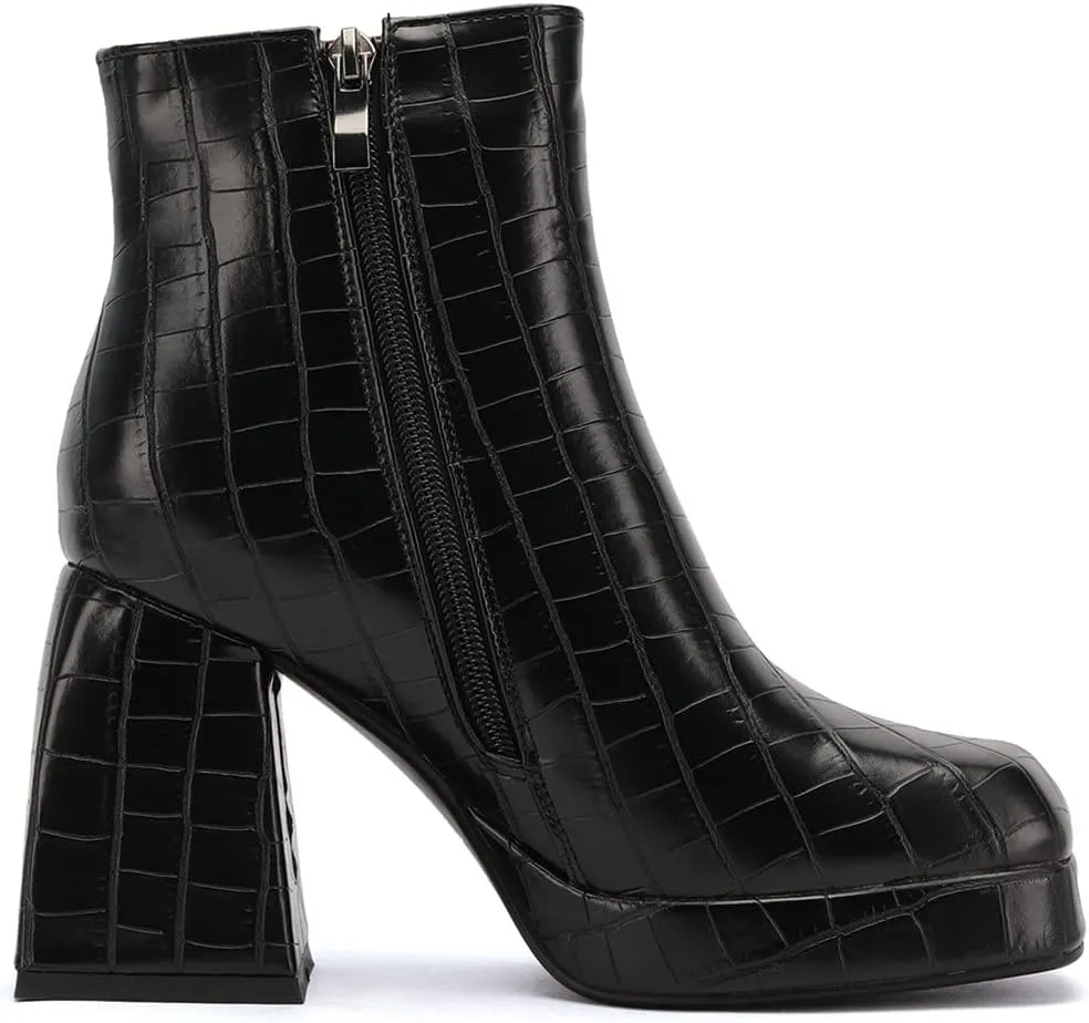 ClassicSter Womens Square Toe Chunky High Heel Ankle Boots Platform Side Zip up Booties