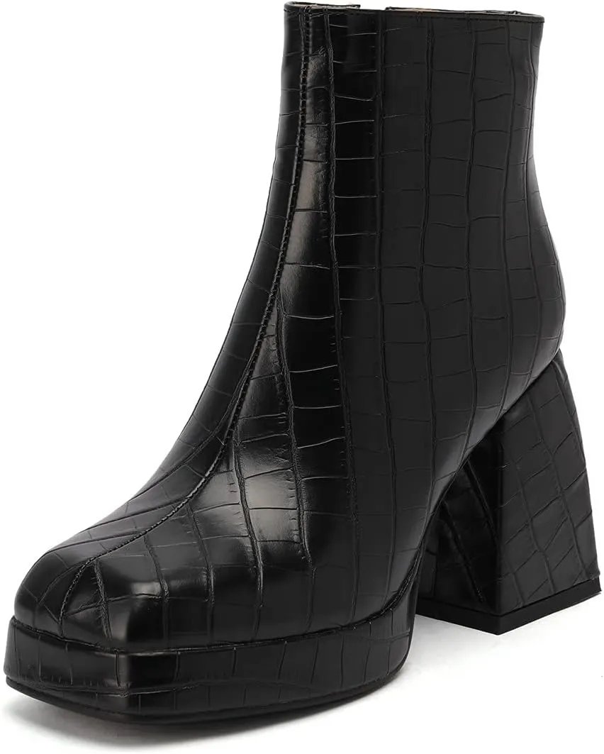 ClassicSter Womens Square Toe Chunky High Heel Ankle Boots Platform Side Zip up Booties
