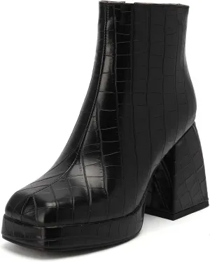 ClassicSter Womens Square Toe Chunky High Heel Ankle Boots Platform Side Zip up Booties