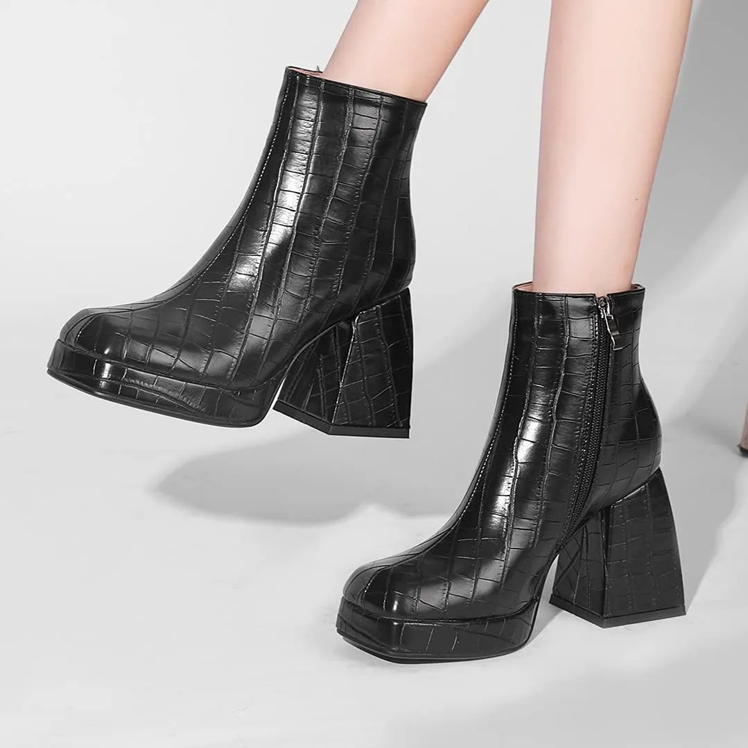 ClassicSter Womens Square Toe Chunky High Heel Ankle Boots Platform Side Zip up Booties