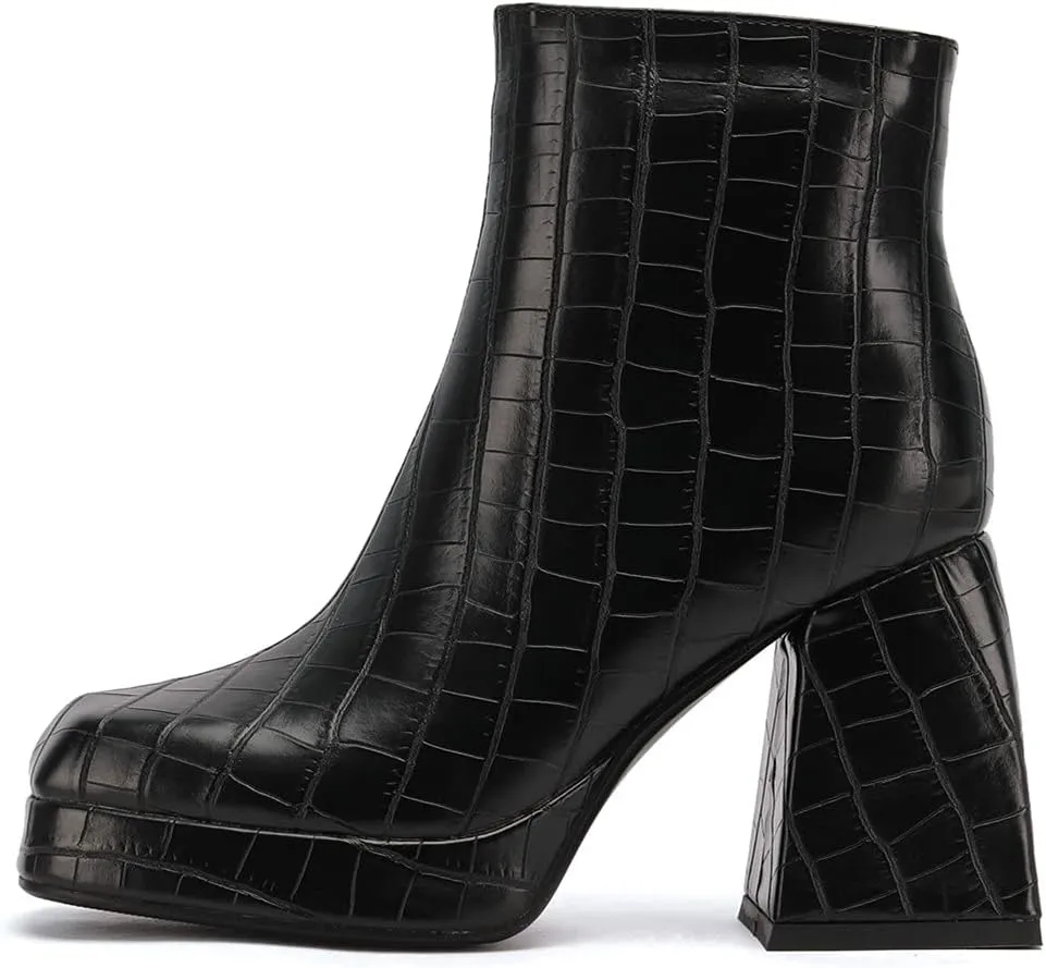 ClassicSter Womens Square Toe Chunky High Heel Ankle Boots Platform Side Zip up Booties