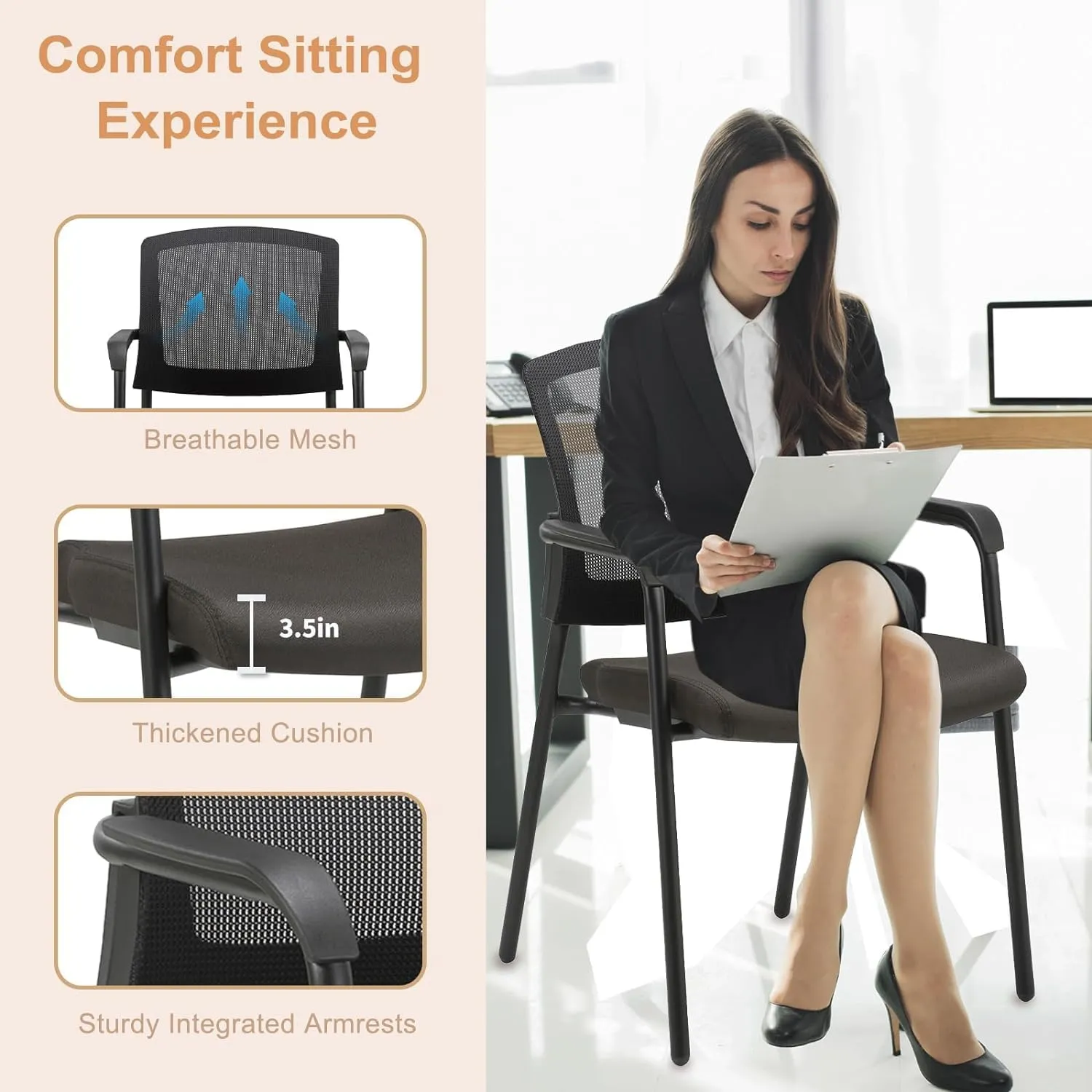 CLATINA New Classic Reception Guest Chair with Mesh Back and Armrests, Ergonomic Stacking Chair with Thickened Seat Cushion for Office Conference Waiting Room, Black (4 Pack)