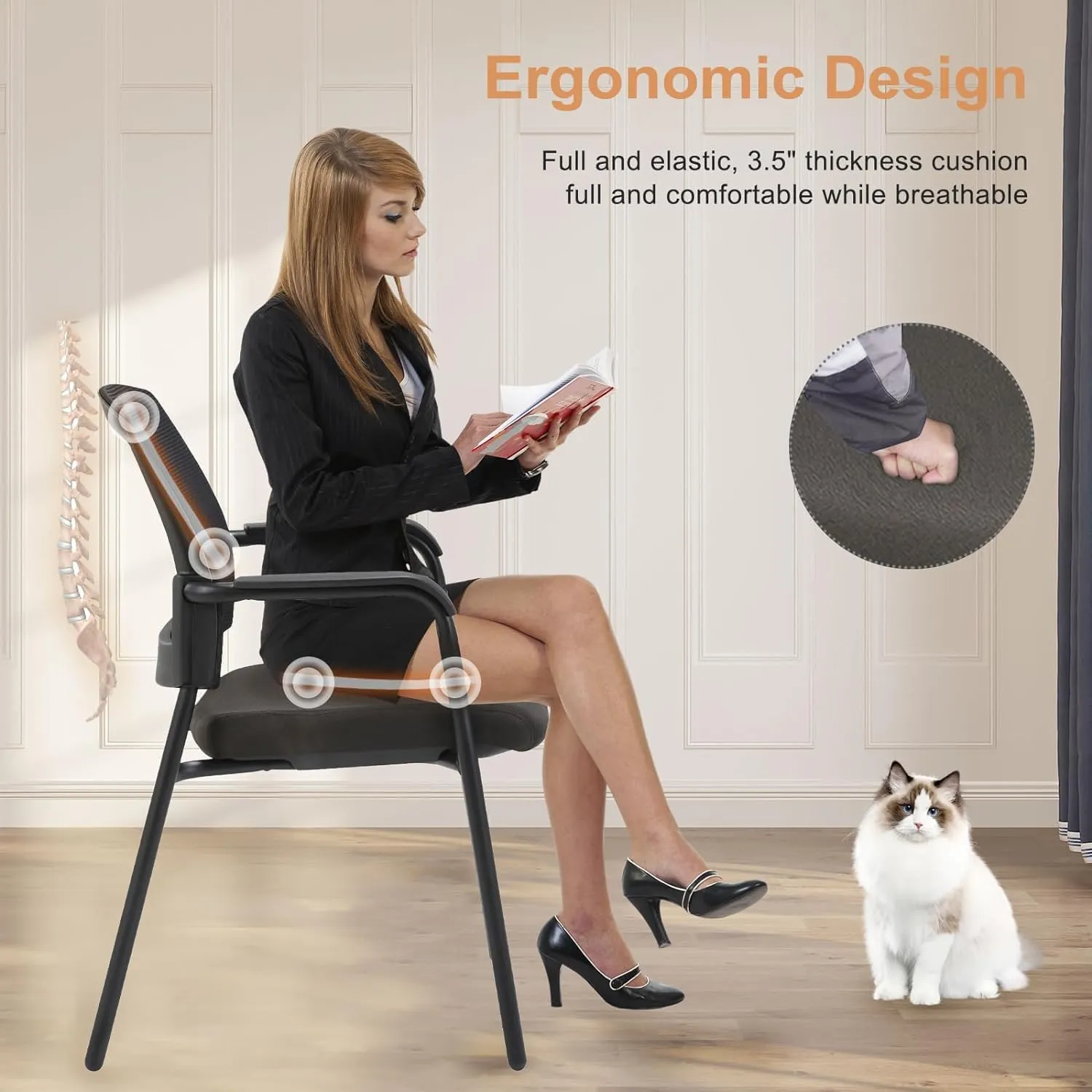 CLATINA New Classic Reception Guest Chair with Mesh Back and Armrests, Ergonomic Stacking Chair with Thickened Seat Cushion for Office Conference Waiting Room, Black (4 Pack)
