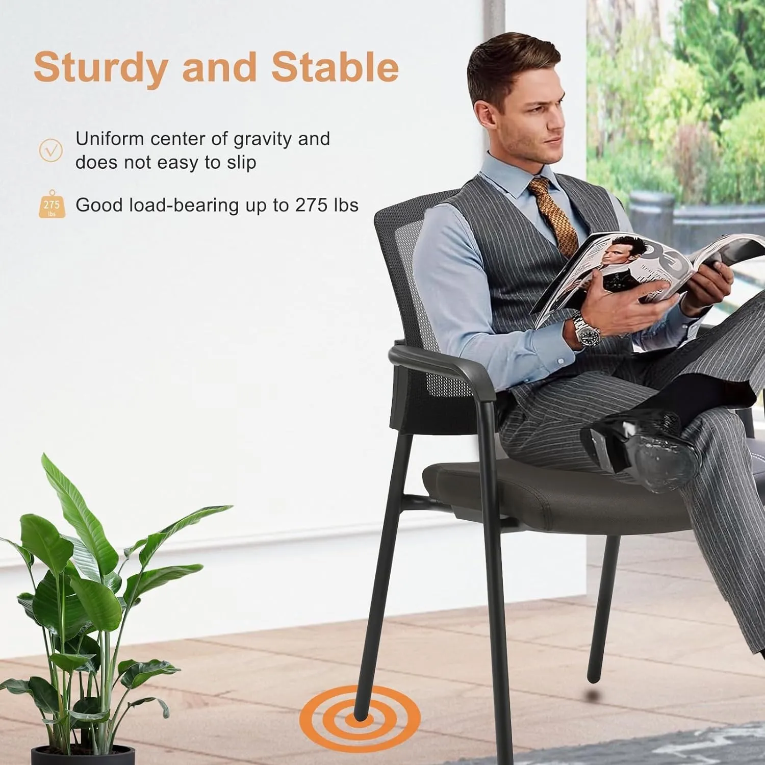 CLATINA New Classic Reception Guest Chair with Mesh Back and Armrests, Ergonomic Stacking Chair with Thickened Seat Cushion for Office Conference Waiting Room, Black (4 Pack)