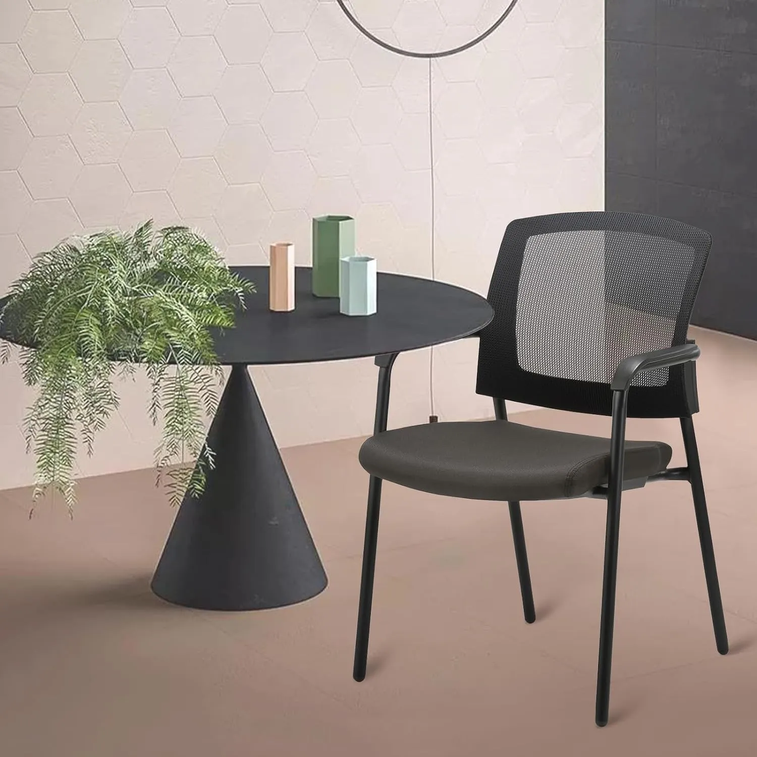 CLATINA New Classic Reception Guest Chair with Mesh Back and Armrests, Ergonomic Stacking Chair with Thickened Seat Cushion for Office Conference Waiting Room, Black (4 Pack)