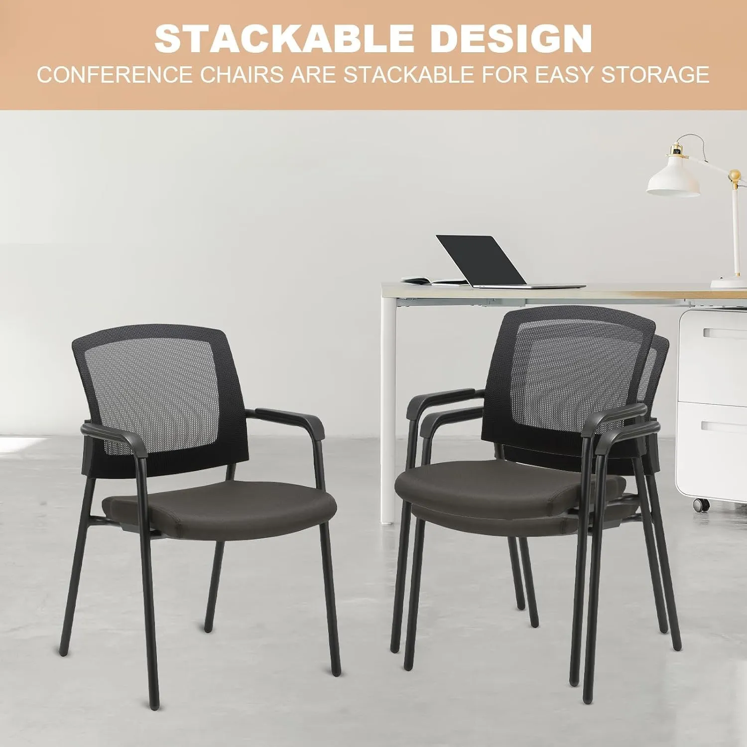 CLATINA New Classic Reception Guest Chair with Mesh Back and Armrests, Ergonomic Stacking Chair with Thickened Seat Cushion for Office Conference Waiting Room, Black (4 Pack)