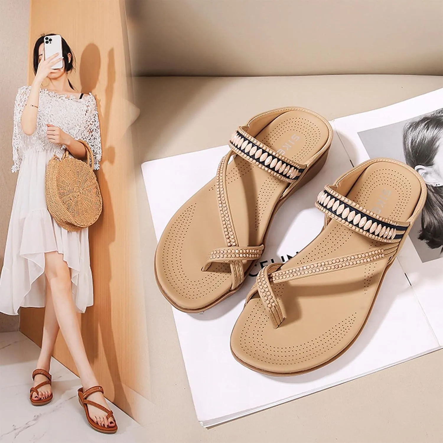 Clip Toe Sandals for Women Comfort Wedge Slip On Flip Flops Summer Casual Roman Shoes Lightweight Comfortable Outdoor Beach Shoes Slipper