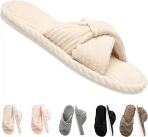 Comfy Slippers for Women Memory Foam House Bedroom Shoes Corduroy Bow Crossbands Slide Slipper Shoes Open Toe Slip On Sole Slippers Soft Trendy Gift