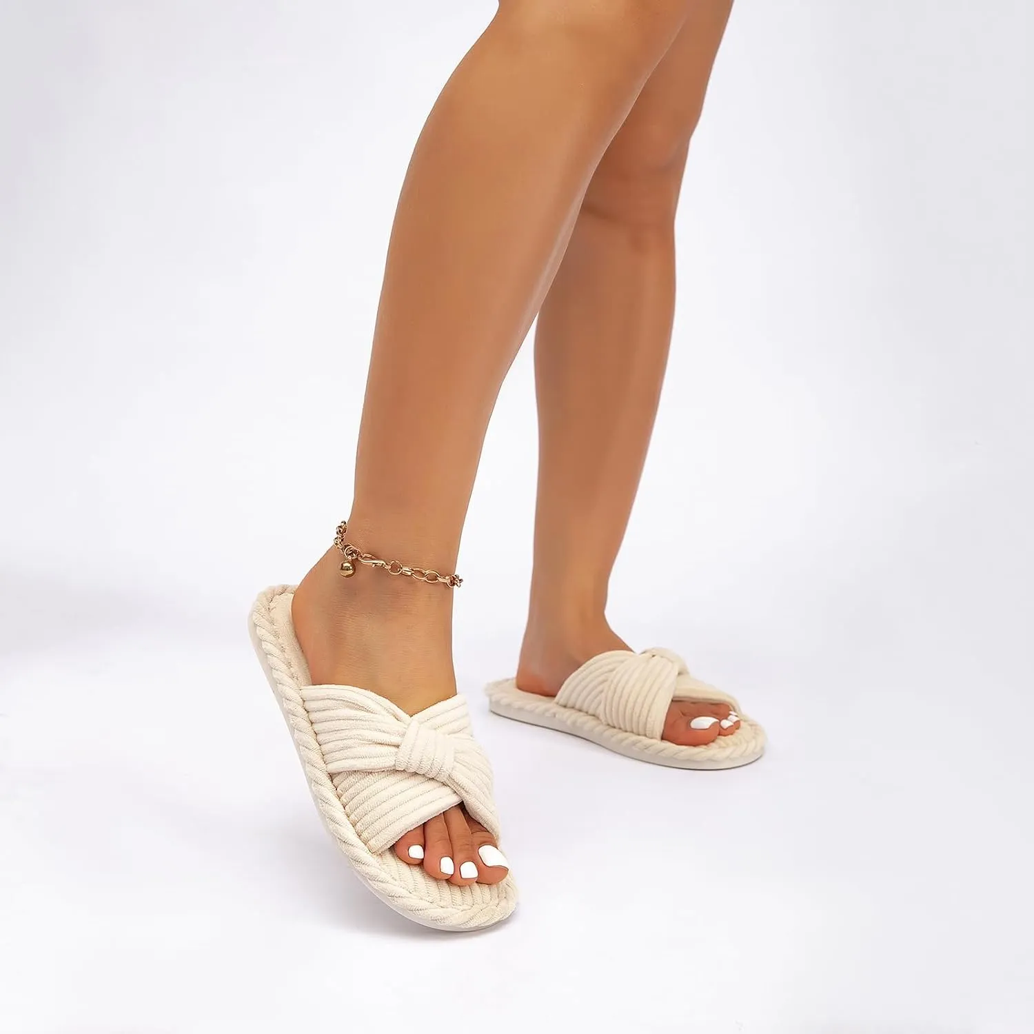 Comfy Slippers for Women Memory Foam House Bedroom Shoes Corduroy Bow Crossbands Slide Slipper Shoes Open Toe Slip On Sole Slippers Soft Trendy Gift