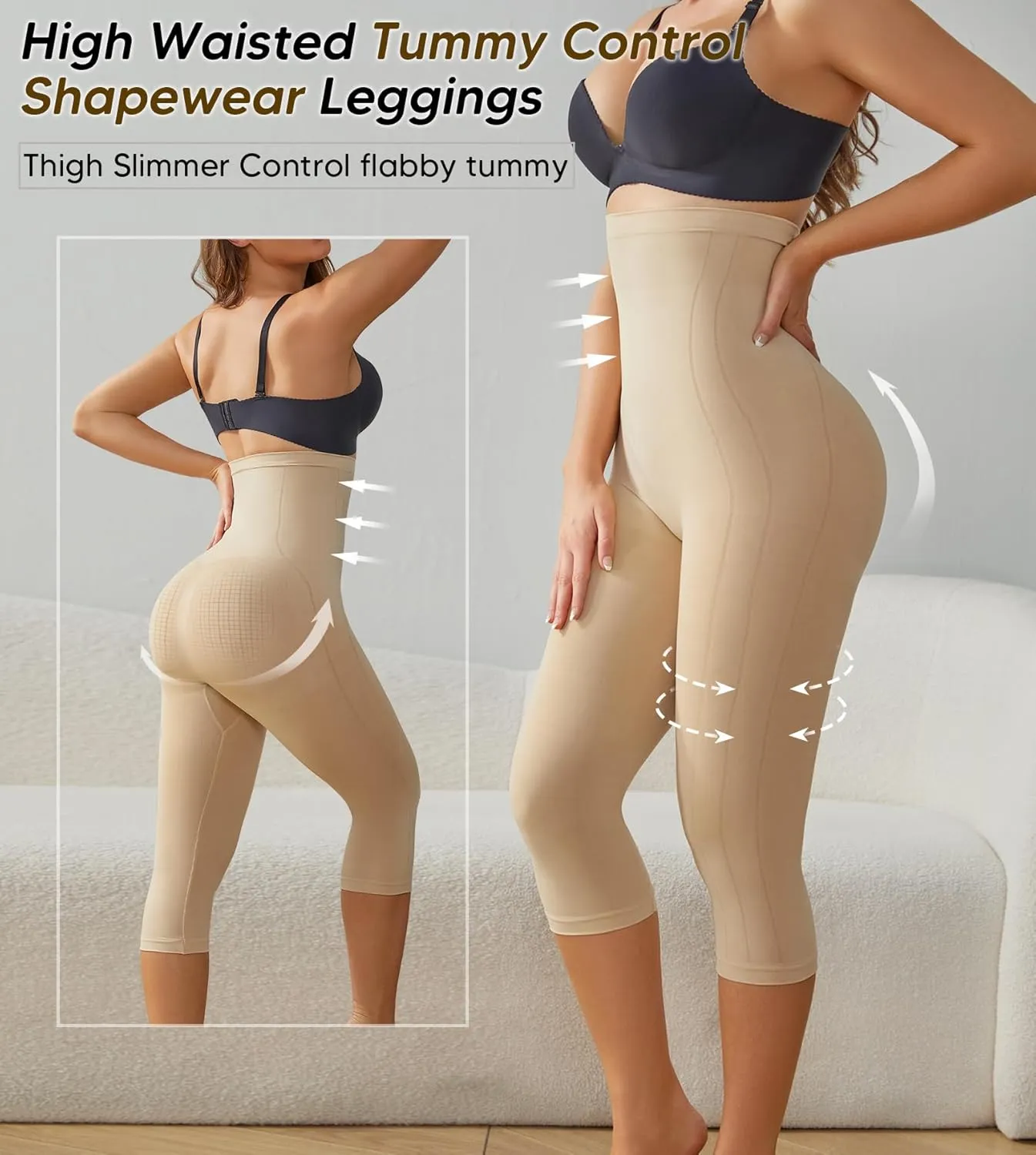 Compression Capri Leggings for Women Tummy Control Shapewear Pants High Waisted Trainer Leggings Thigh Slimmer