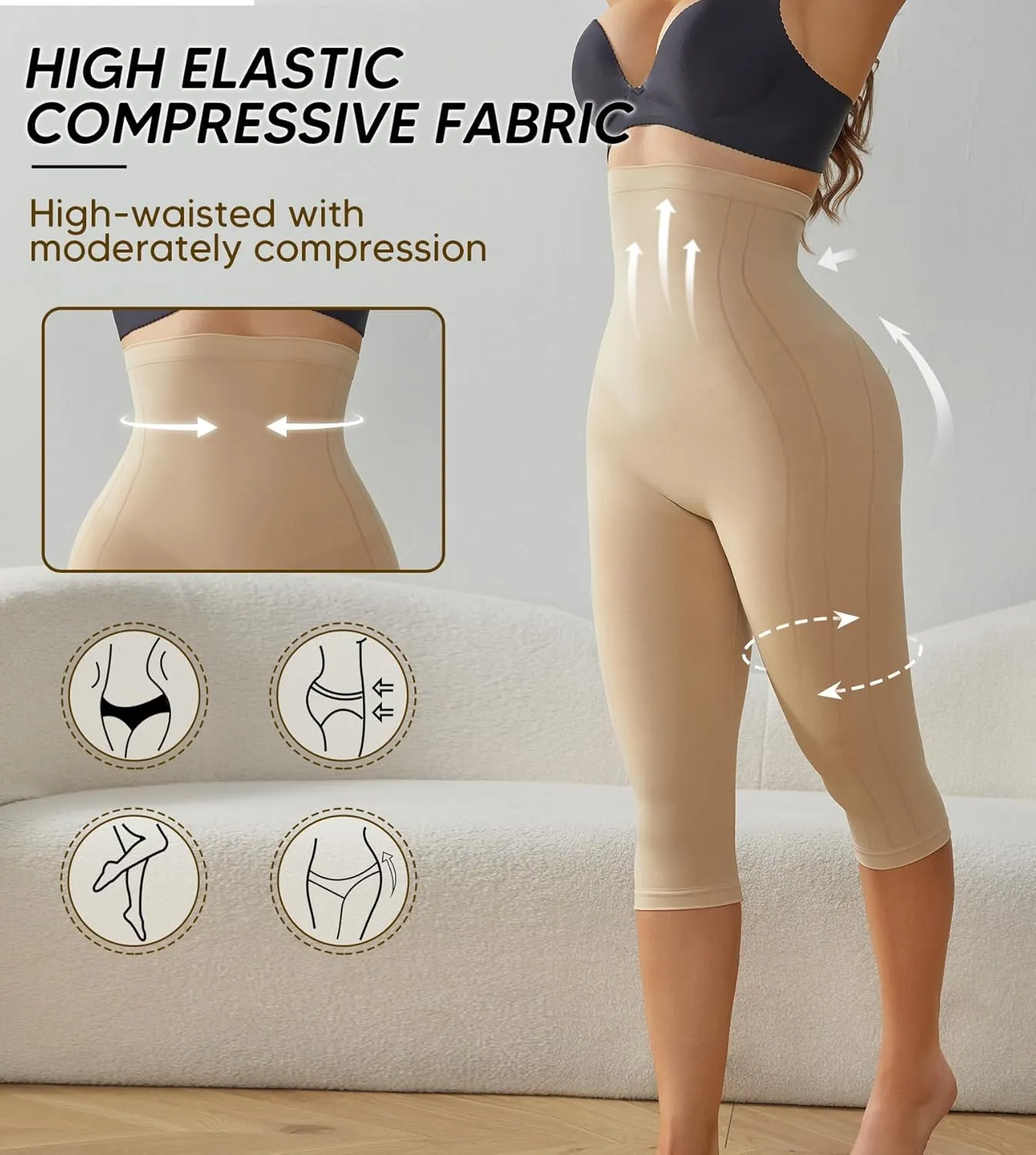 Compression Capri Leggings for Women Tummy Control Shapewear Pants High Waisted Trainer Leggings Thigh Slimmer