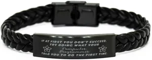 Computer Programmer Braided Leather Bracelet, If at first you don't succeed, try doing what your athletic trainer told you to do the first time., Laser Engraved, Stainless Steel Wristband