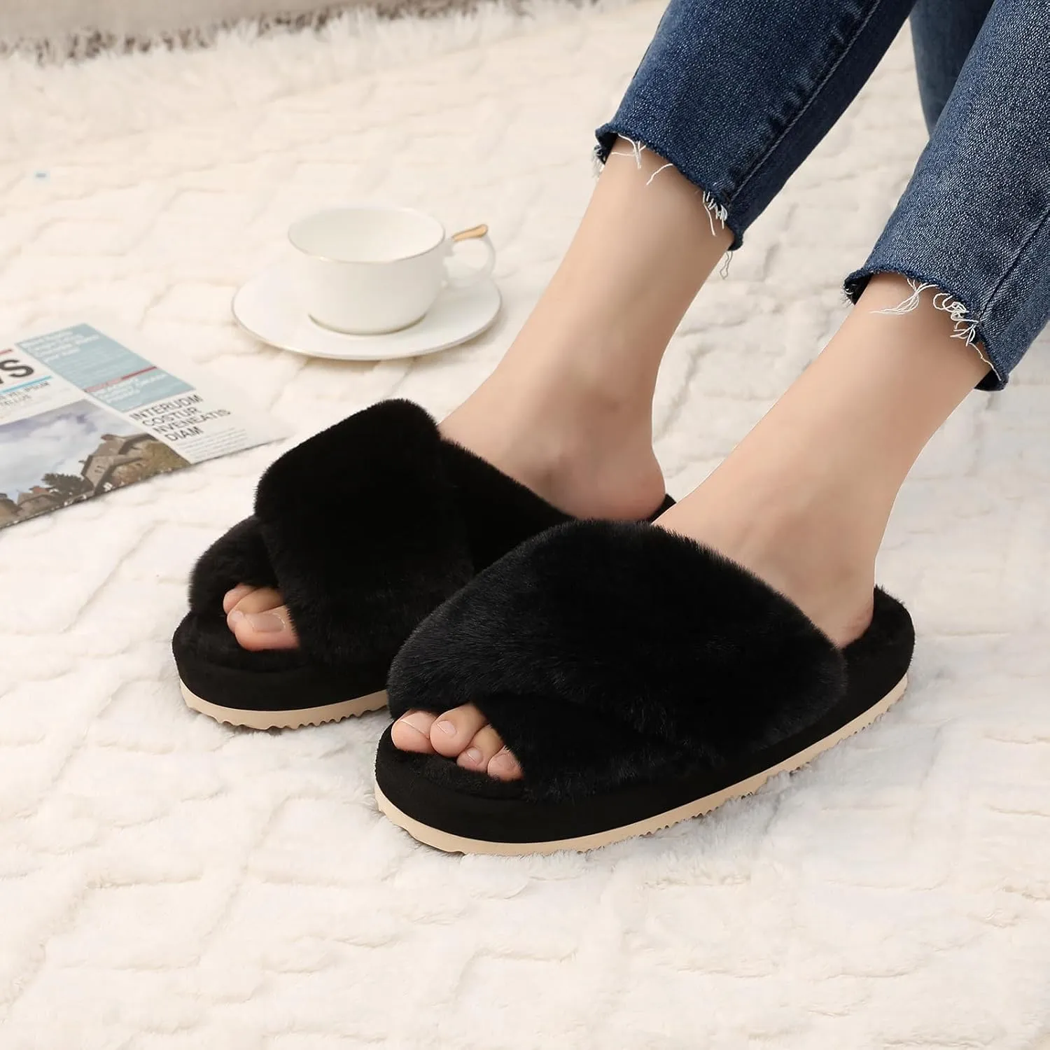 Comwarm Women's Cross Band Fuzzy Slippers Fluffy Open Toe House Slippers Cozy Plush Bedroom Shoes Indoor Outdoor
