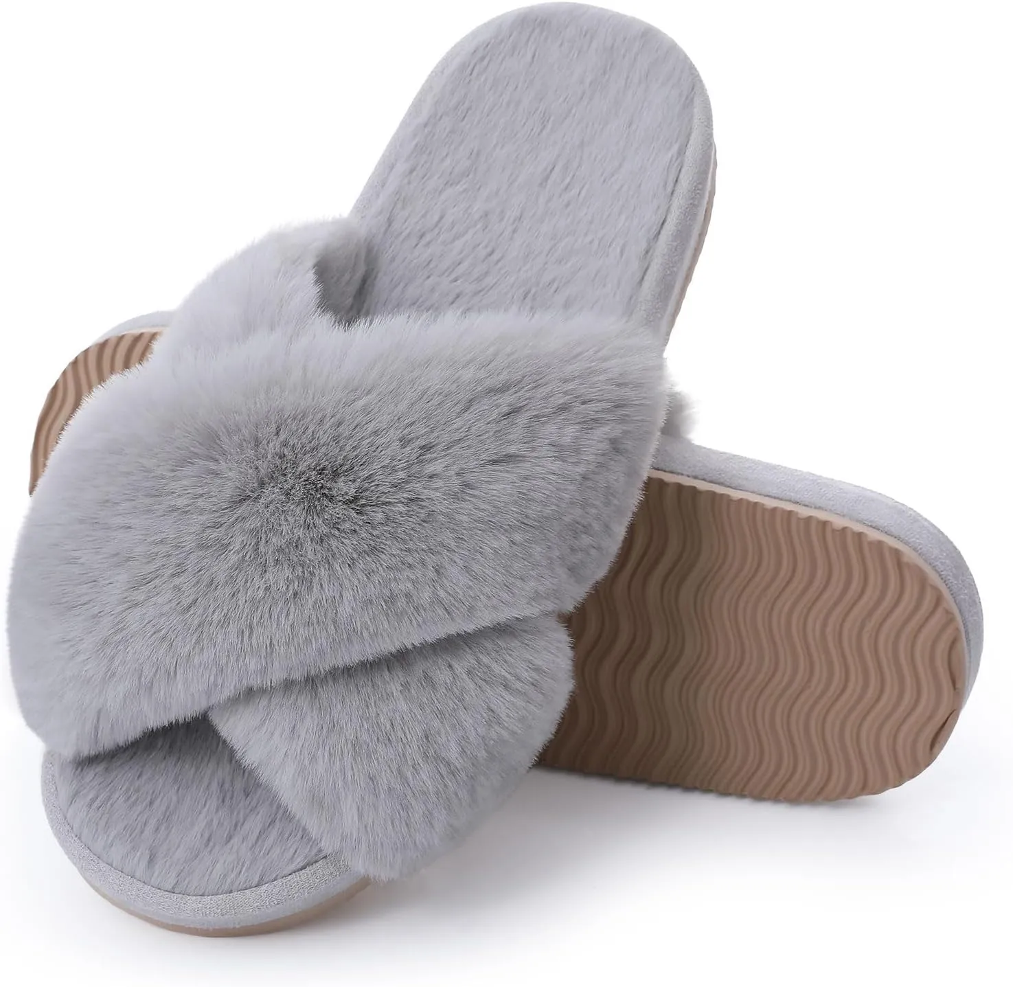 Comwarm Women's Cross Band Fuzzy Slippers Fluffy Open Toe House Slippers Cozy Plush Bedroom Shoes Indoor Outdoor
