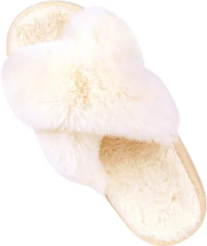 Comwarm Women's Cross Band Fuzzy Slippers Fluffy Open Toe House Slippers Cozy Plush Bedroom Shoes Indoor Outdoor