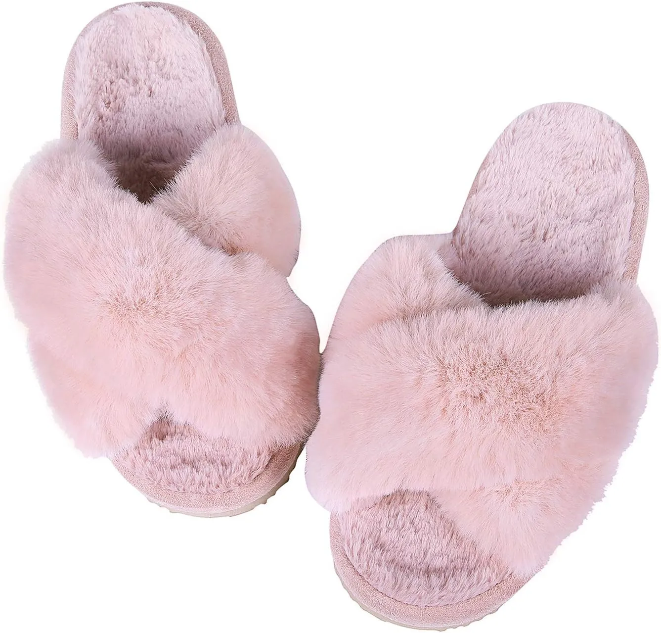 Comwarm Women's Cross Band Fuzzy Slippers Fluffy Open Toe House Slippers Cozy Plush Bedroom Shoes Indoor Outdoor
