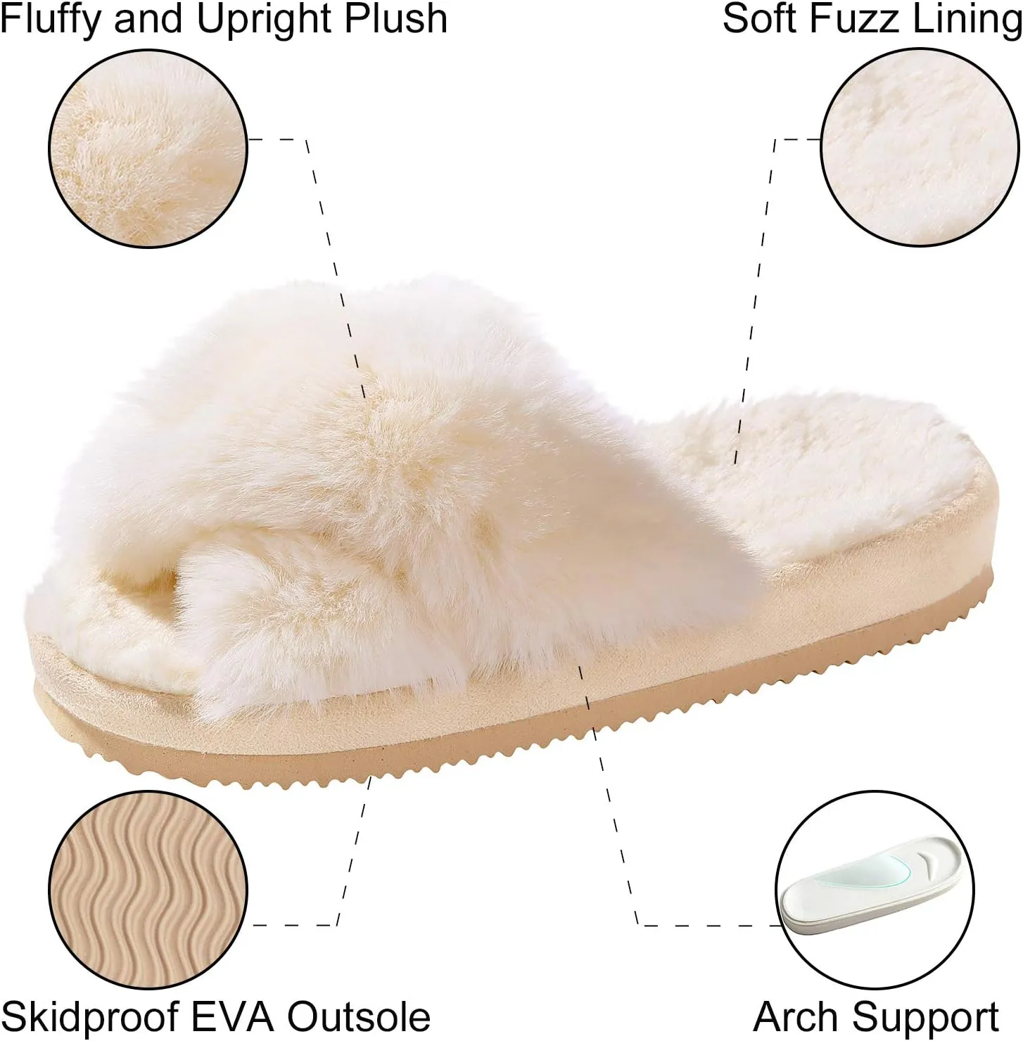 Comwarm Women's Cross Band Fuzzy Slippers Fluffy Open Toe House Slippers Cozy Plush Bedroom Shoes Indoor Outdoor