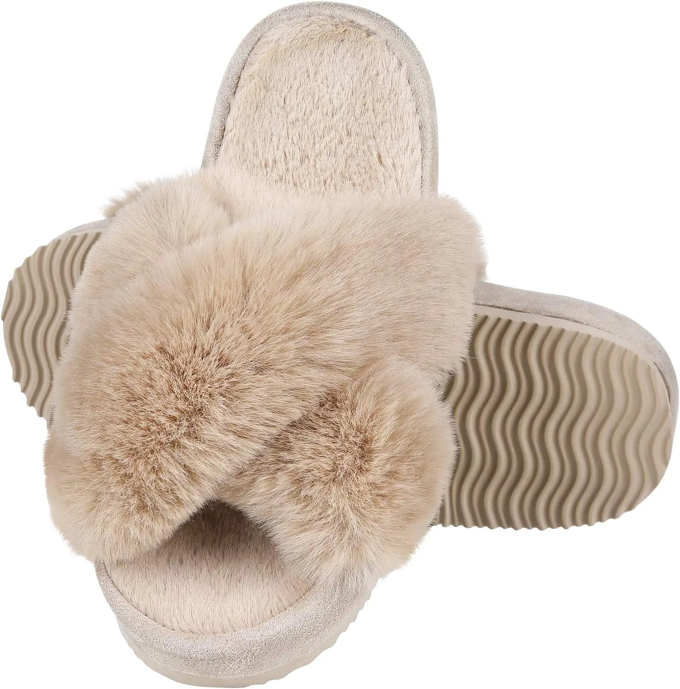 Comwarm Women's Cross Band Fuzzy Slippers Fluffy Open Toe House Slippers Cozy Plush Bedroom Shoes Indoor Outdoor