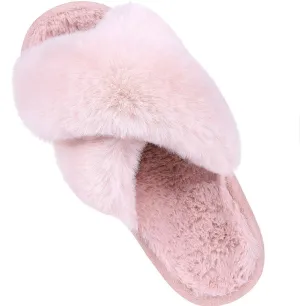Comwarm Women's Cross Band Fuzzy Slippers Fluffy Open Toe House Slippers Cozy Plush Bedroom Shoes Indoor Outdoor