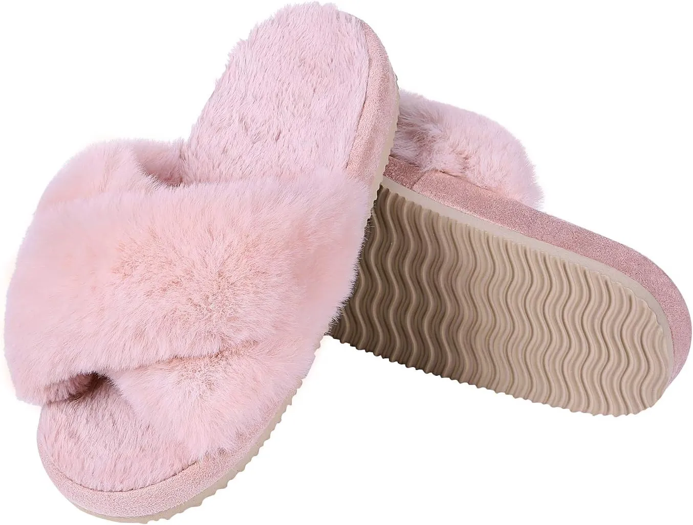 Comwarm Women's Cross Band Fuzzy Slippers Fluffy Open Toe House Slippers Cozy Plush Bedroom Shoes Indoor Outdoor