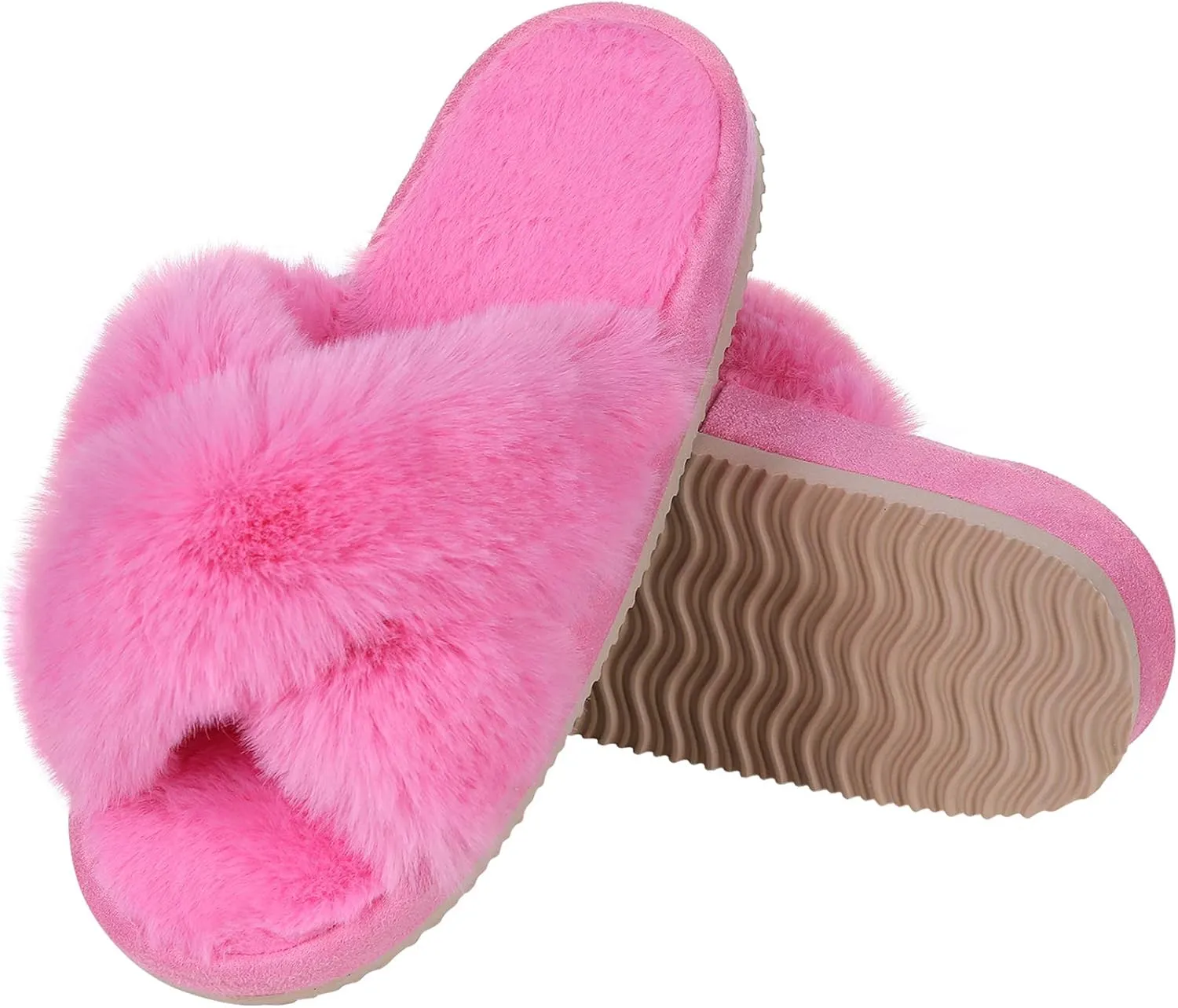 Comwarm Women's Cross Band Fuzzy Slippers Fluffy Open Toe House Slippers Cozy Plush Bedroom Shoes Indoor Outdoor
