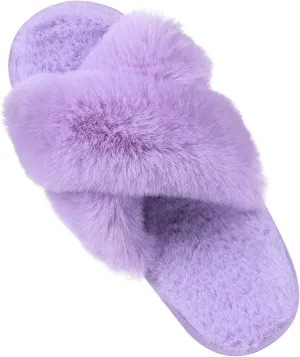 Comwarm Women's Cross Band Fuzzy Slippers Fluffy Open Toe House Slippers Cozy Plush Bedroom Shoes Indoor Outdoor