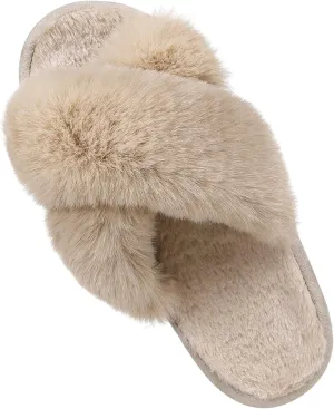 Comwarm Women's Cross Band Fuzzy Slippers Fluffy Open Toe House Slippers Cozy Plush Bedroom Shoes Indoor Outdoor