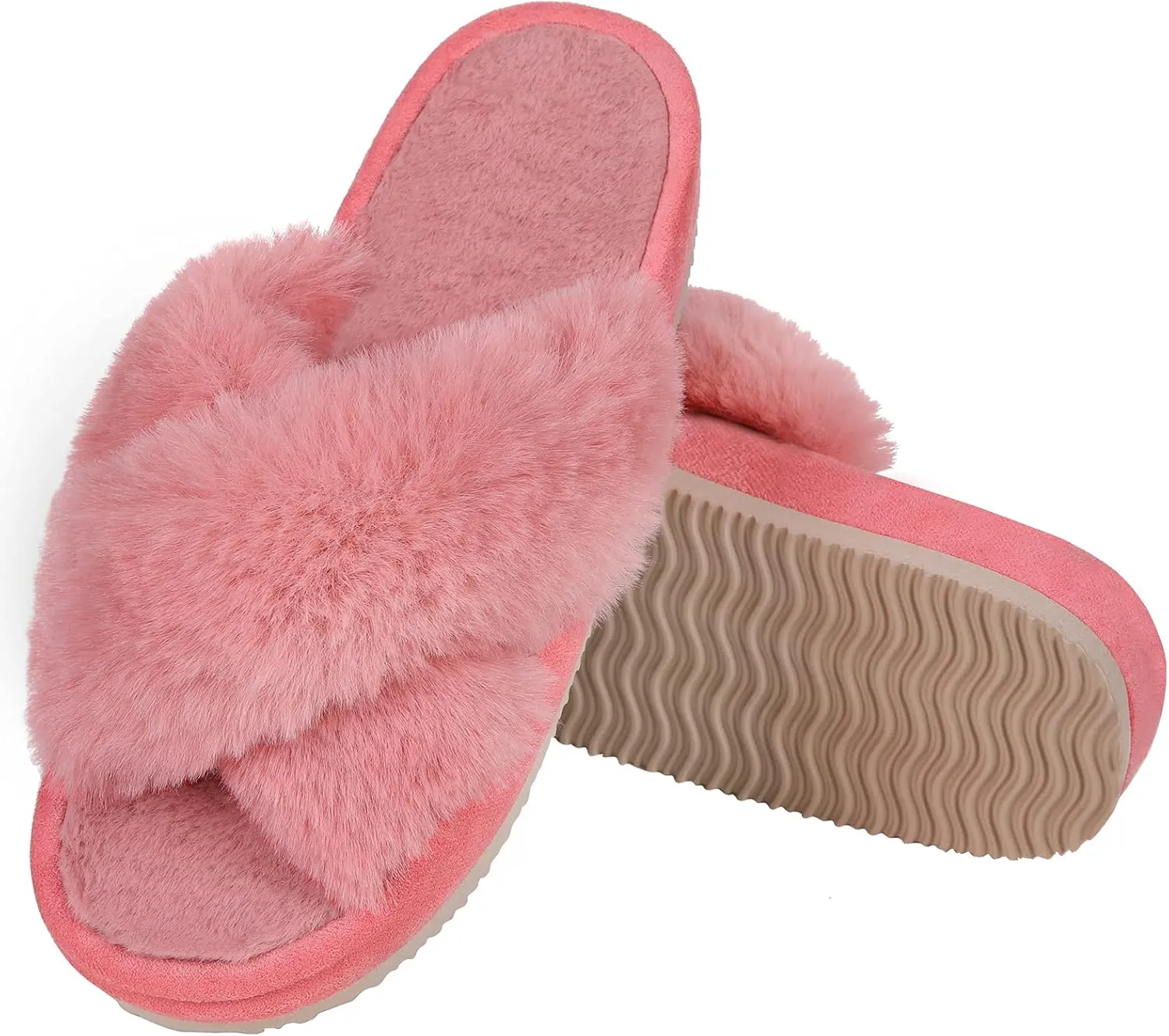 Comwarm Women's Cross Band Fuzzy Slippers Fluffy Open Toe House Slippers Cozy Plush Bedroom Shoes Indoor Outdoor