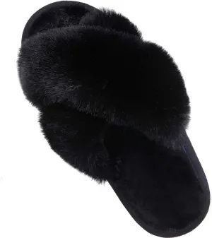 Comwarm Women's Cross Band Fuzzy Slippers Fluffy Open Toe House Slippers Cozy Plush Bedroom Shoes Indoor Outdoor
