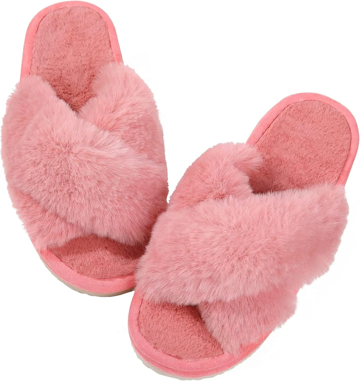 Comwarm Women's Cross Band Fuzzy Slippers Fluffy Open Toe House Slippers Cozy Plush Bedroom Shoes Indoor Outdoor