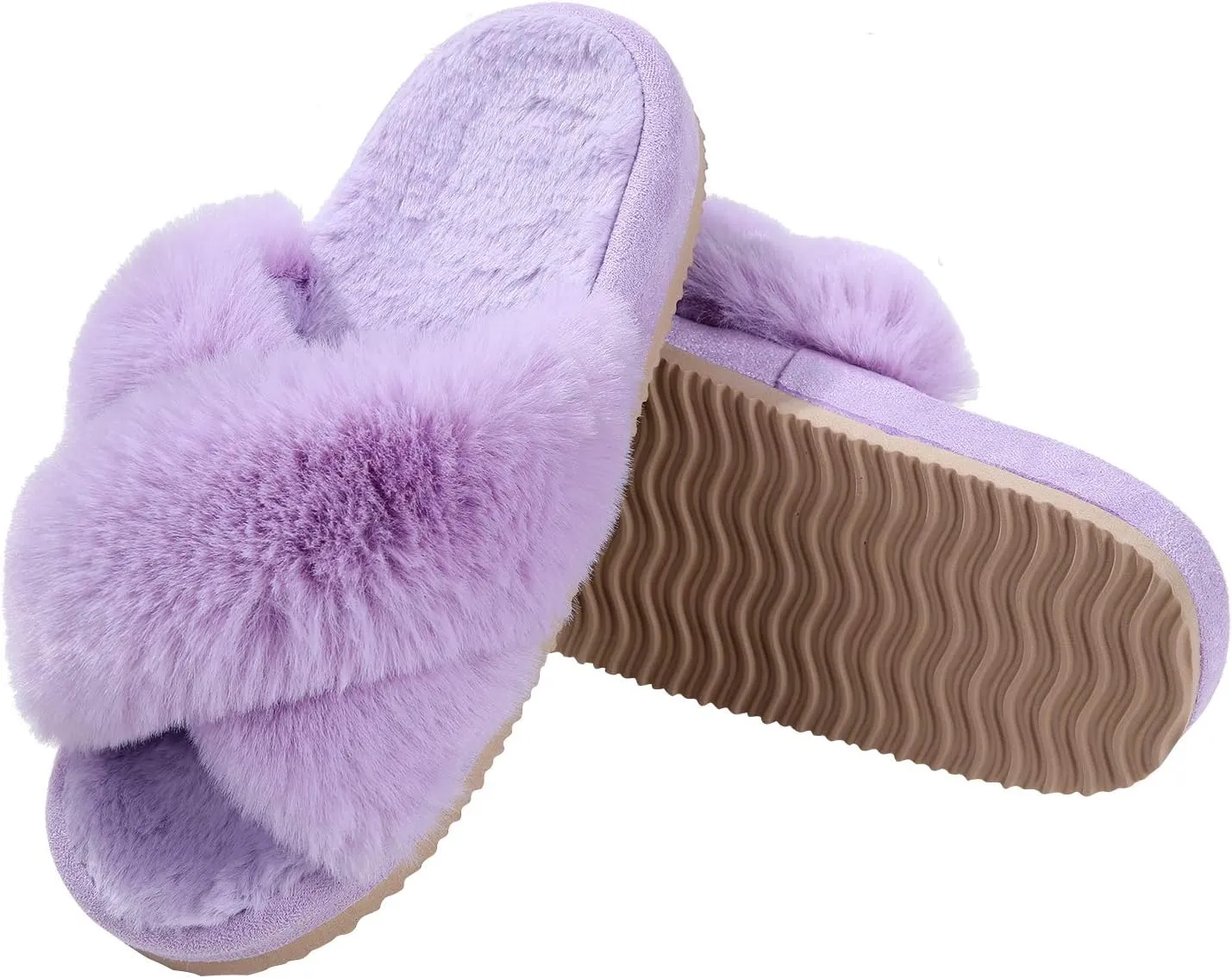 Comwarm Women's Cross Band Fuzzy Slippers Fluffy Open Toe House Slippers Cozy Plush Bedroom Shoes Indoor Outdoor
