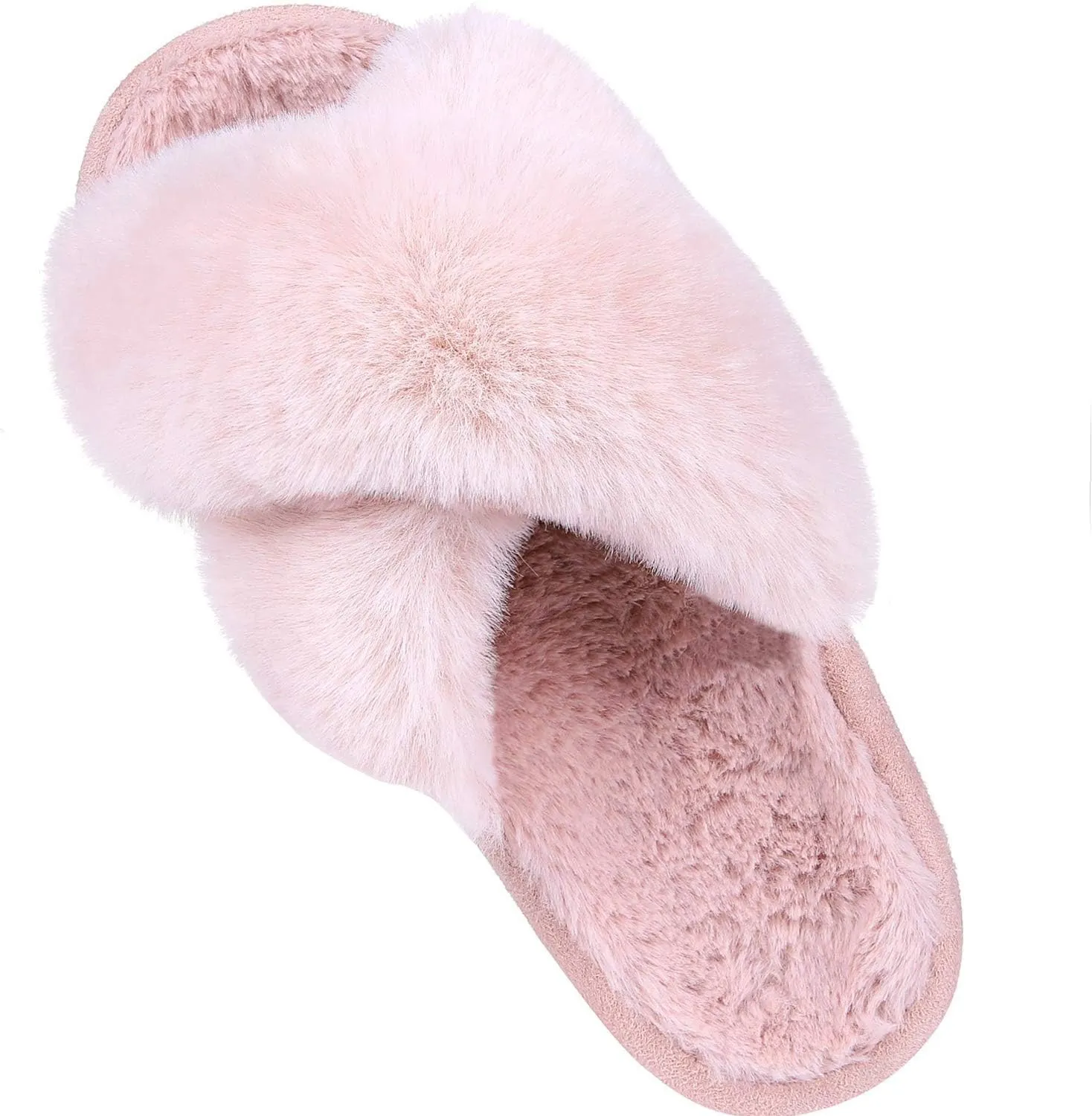 Comwarm Women's Cross Band Fuzzy Slippers Fluffy Open Toe House Slippers Cozy Plush Bedroom Shoes Indoor Outdoor