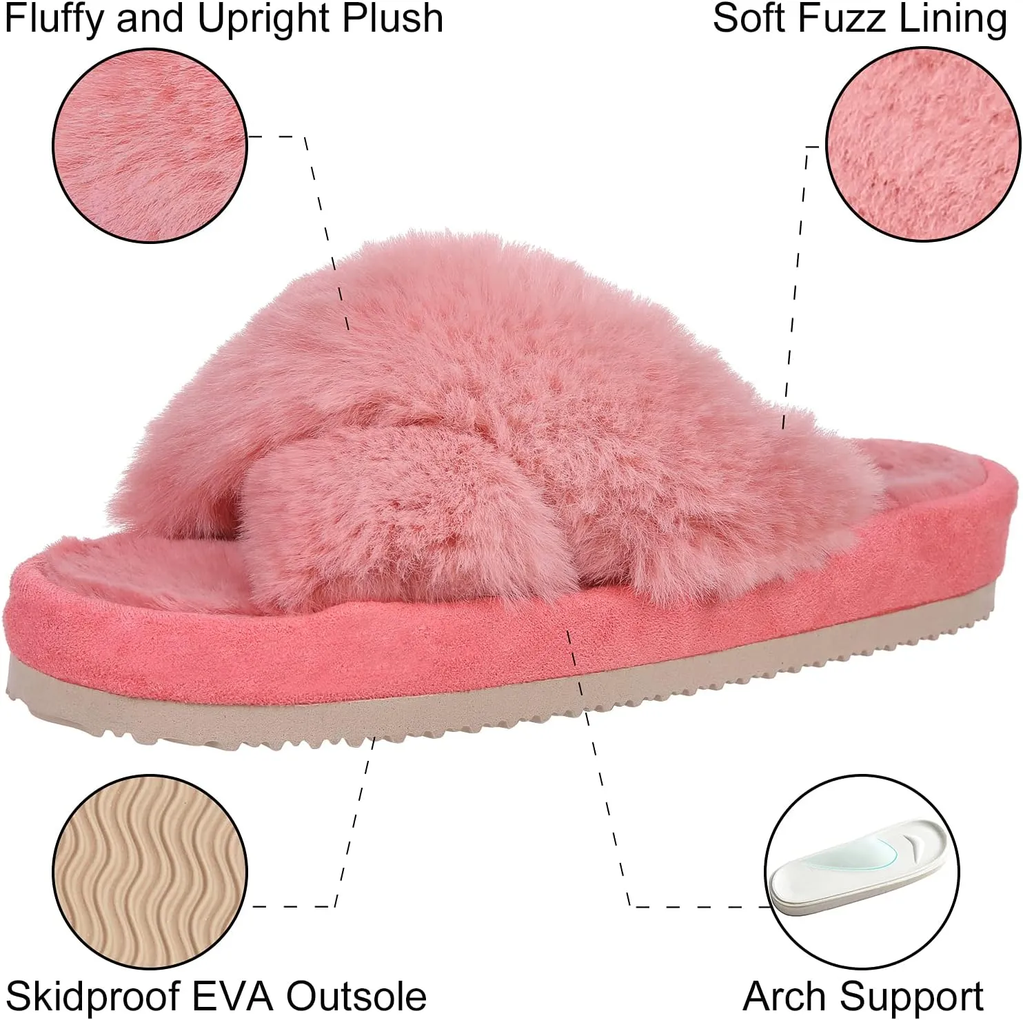 Comwarm Women's Cross Band Fuzzy Slippers Fluffy Open Toe House Slippers Cozy Plush Bedroom Shoes Indoor Outdoor